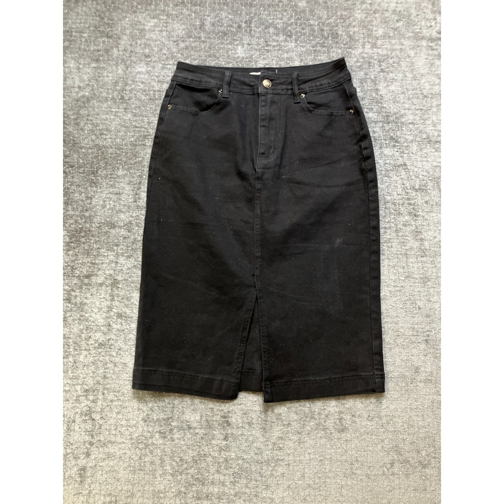 Luvamia Pencil & Straight Skirt Womens 4 Black Denim Cotton Preppy Front Slit
